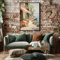 Sunlit Seaside Café Escape–Travel Poster