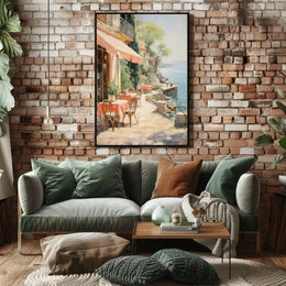 Sunlit Seaside Café Escape–Travel Poster