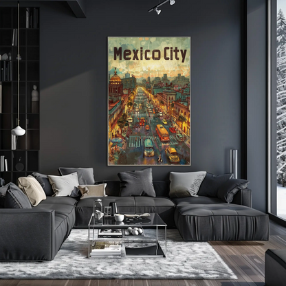 Mexico City Urban Nightlife Lanterns Travel Poster