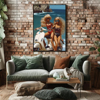 Beach Glamour: Vibrant Dolls on Scooter Travel Poster PosterGoat