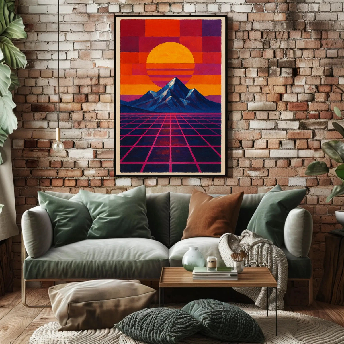 Retro-Futuristic Sunrise on Geometric Sci-Fi Landscape Poster