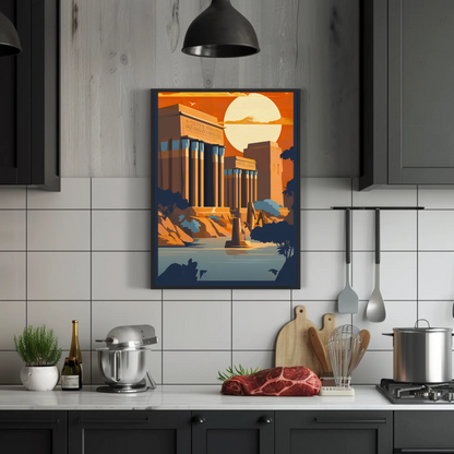 Egyptian Ruins Sunlit Columns River Vintage Travel Poster
