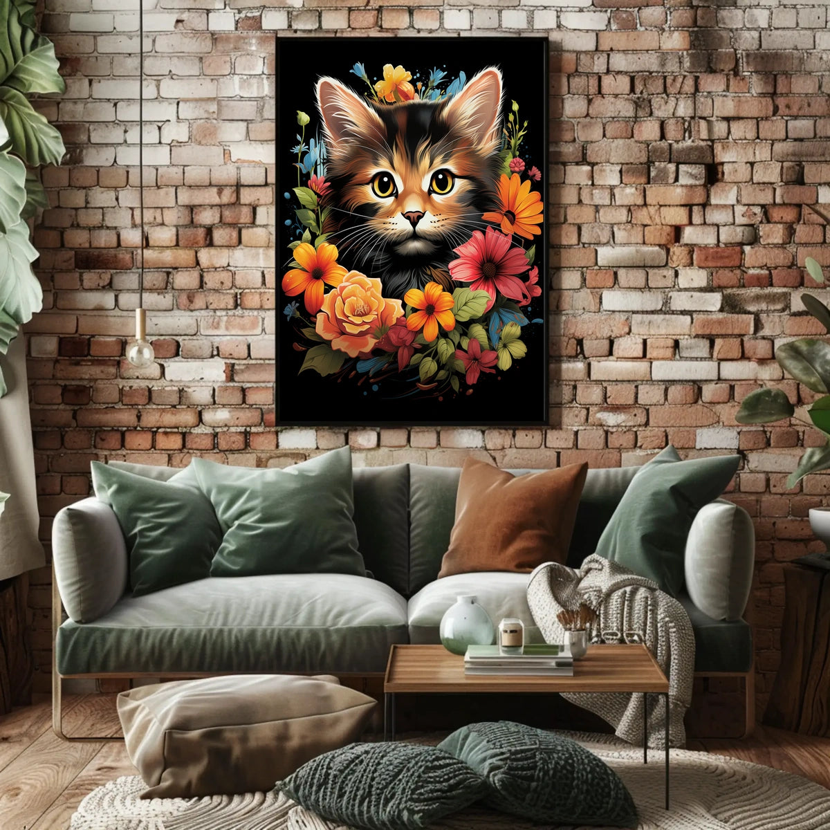 Charming Cat and Flowers Modern Art Poster