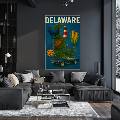 Delaware State Symbols Chicken Mustang Crab Travel Poster