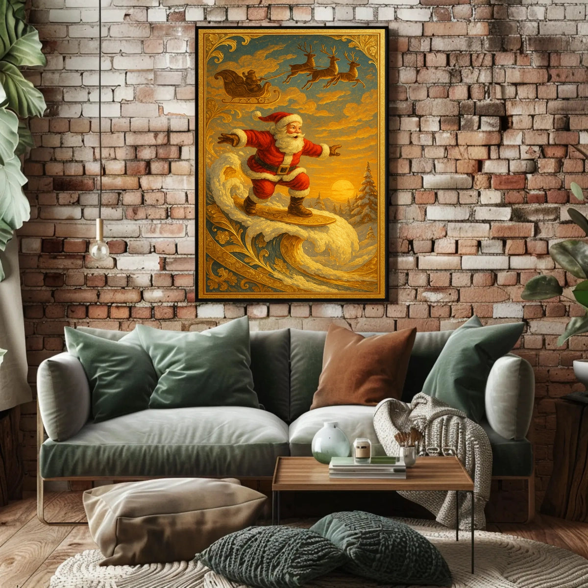 Santa Claus Surfing Vintage Christmas Poster