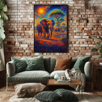 Majestic Elephants Safari Art Poster: Vibrant Landscape