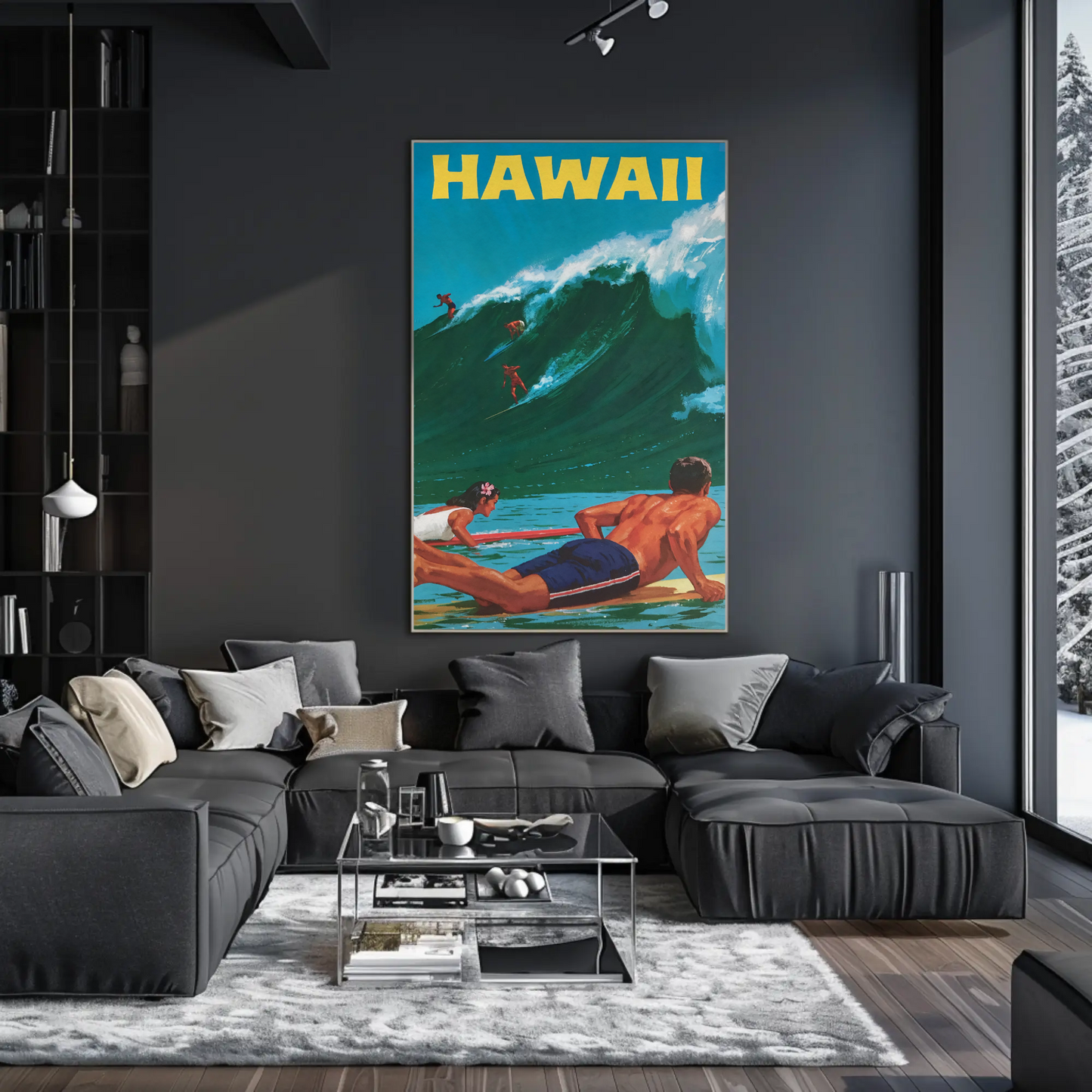Hawaii Surfers Riding Giant Wave Ocean Travel Poster