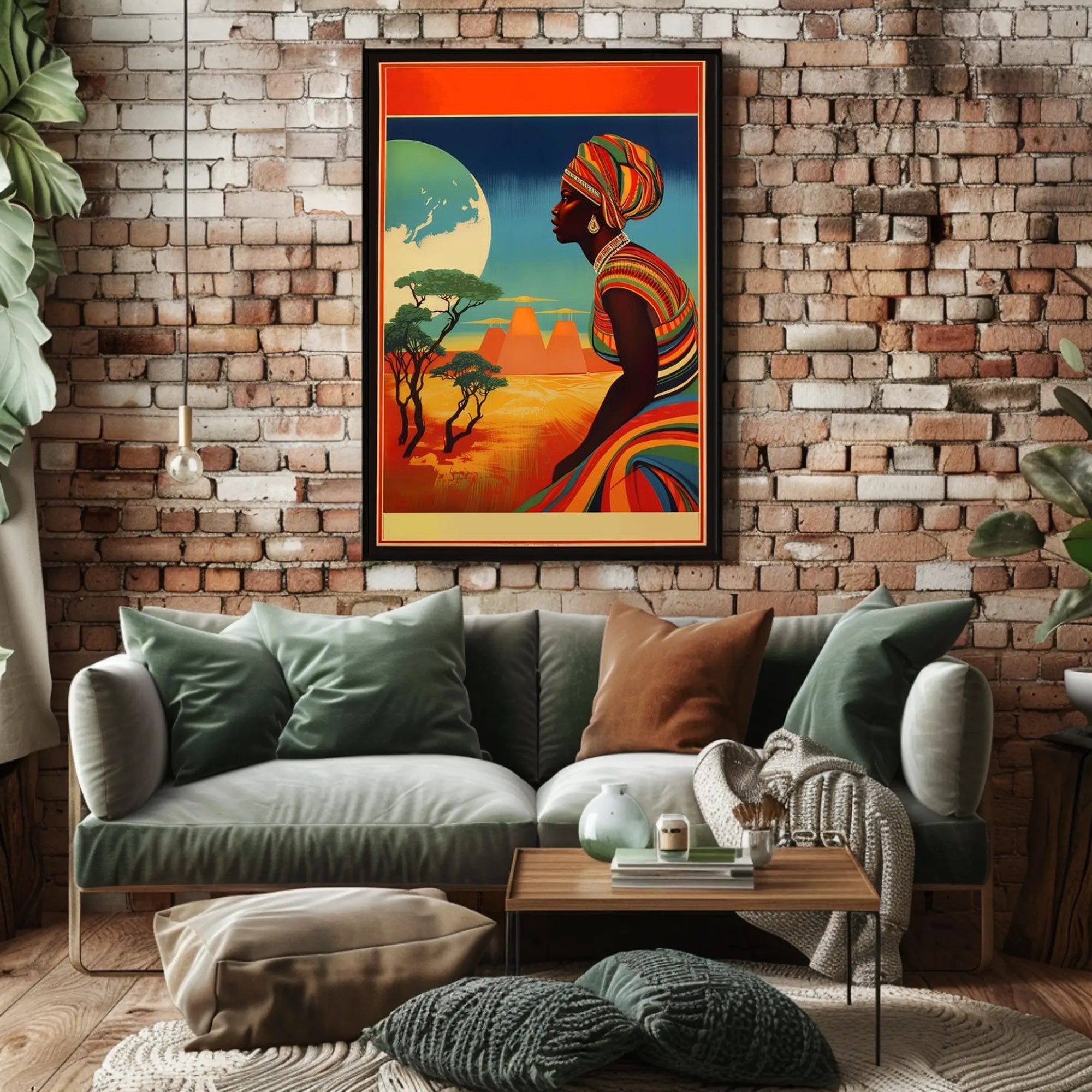 Radiant Earth: Woman in Traditional Attire with Moonlit Landscape Poster