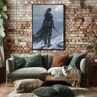 Epic Warrior in Snowy Mountains Fantasy or Mythology Poster PosterGoat