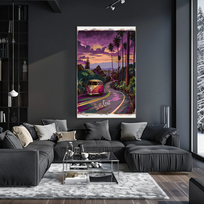 Santa Cruz Sunset Road VW Van Retro Travel Poster