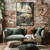 Vintage Sunset Bicycle Leaning Under A Willow Tree Poster