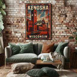Vintage Kenosha Clock Tower Art Deco Cityscape Poster