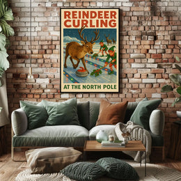 Reindeer Curling at the North Pole Poster