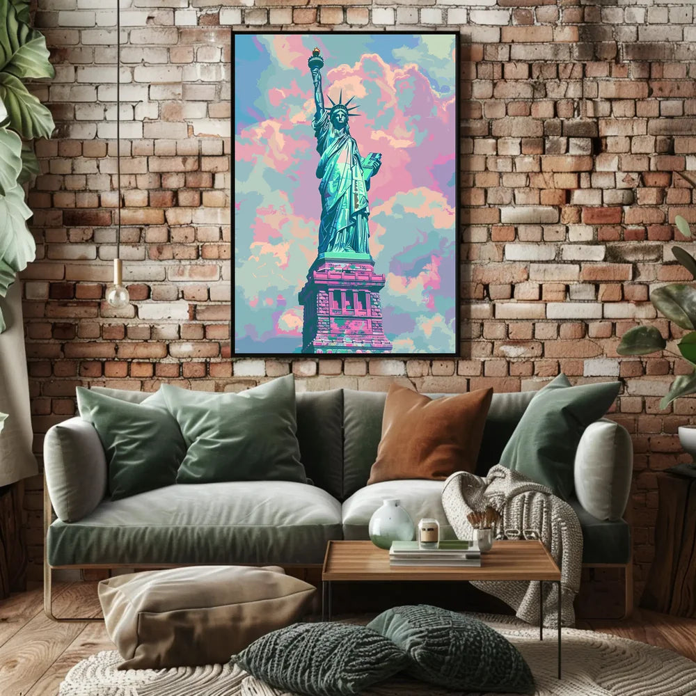 The poster features an artistic depiction of the Statue of Liberty, a symbol Travel Poster