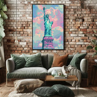 The poster features an artistic depiction of the Statue of Liberty, a symbol Travel Poster