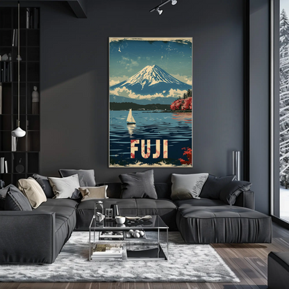 Fuji Mountain Sailing Scene Vintage Travel Poster