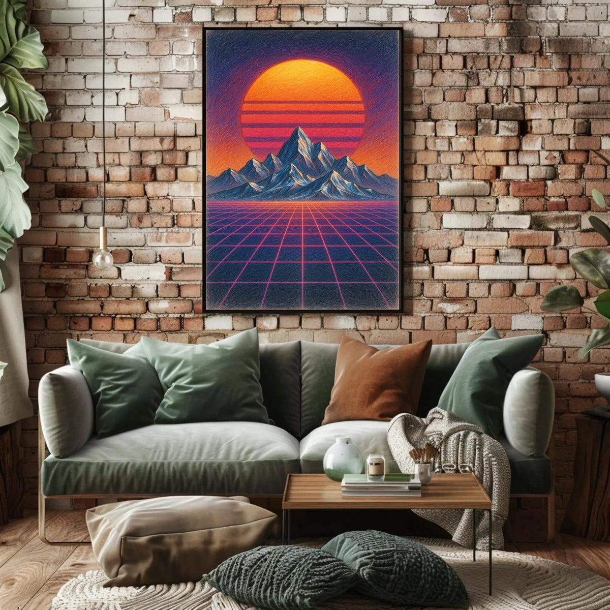 Retro Synthwave Mountain Landscape: Futuristic Sci-Fi Poster
