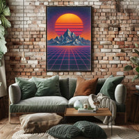 Retro Synthwave Mountain Landscape: Futuristic Sci-Fi Poster