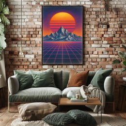 Retro Synthwave Mountain Landscape: Futuristic Sci-Fi Poster