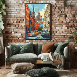 Moscow Retro Street Scene with St. Basil's Cathedral