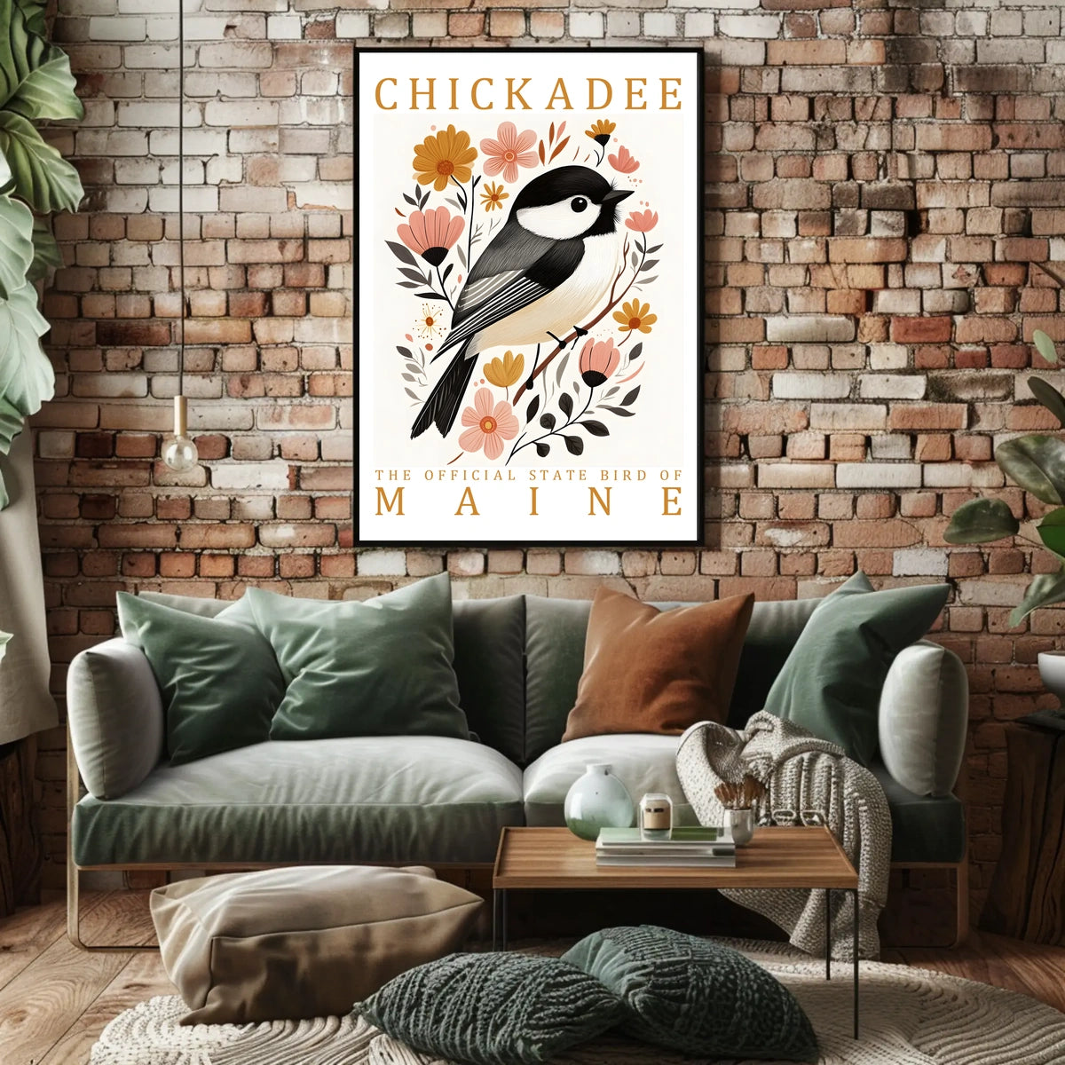 Chickadee Maine State Bird Botanical Art Poster