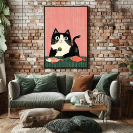 Cat Poster Whimsical Cat And Fish Wall Art Print