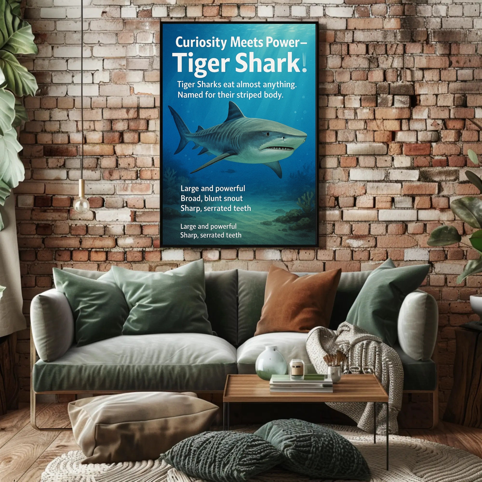 Curiosity Meets Power Tiger Shark Poster PosterGoat