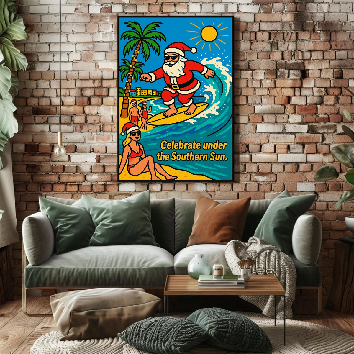 Surfing Santa Vintage Southern Sun Coastal Holiday Nostalgia Seaside Retro Beach Poster