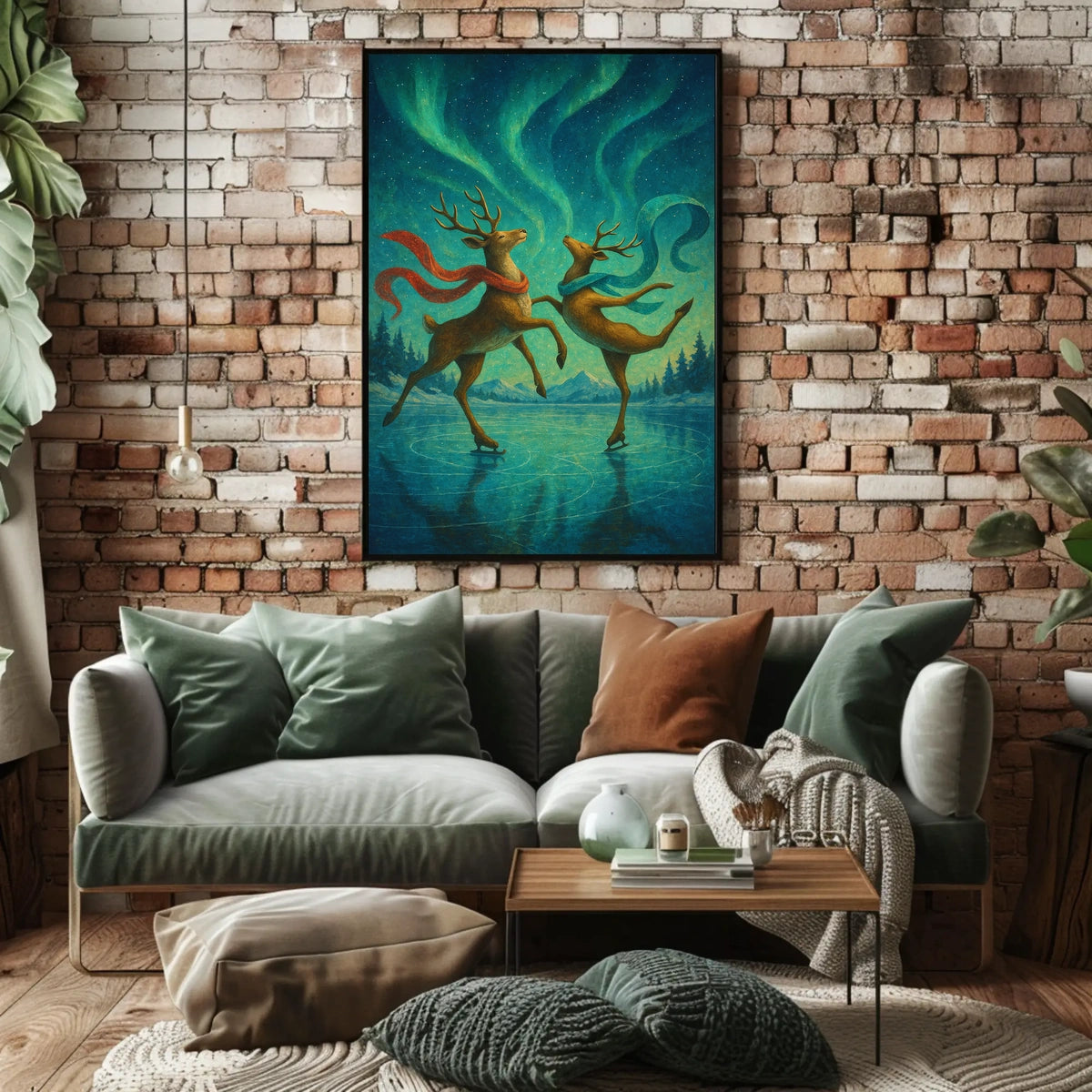 Whimsical Ice Skating Reindeer Northern Lights Fantasy Poster