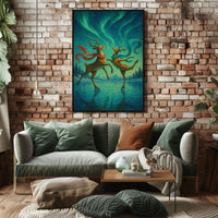 Whimsical Ice Skating Reindeer Northern Lights Fantasy Poster