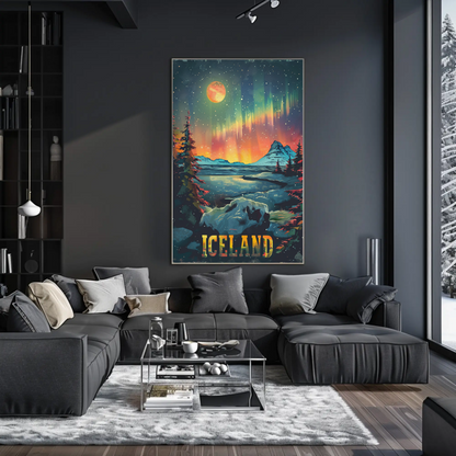 Iceland Aurora Borealis Winter Scene Travel Poster