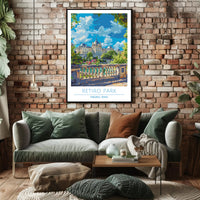 Retiro Park in Madrid vibrant travel illustration poster