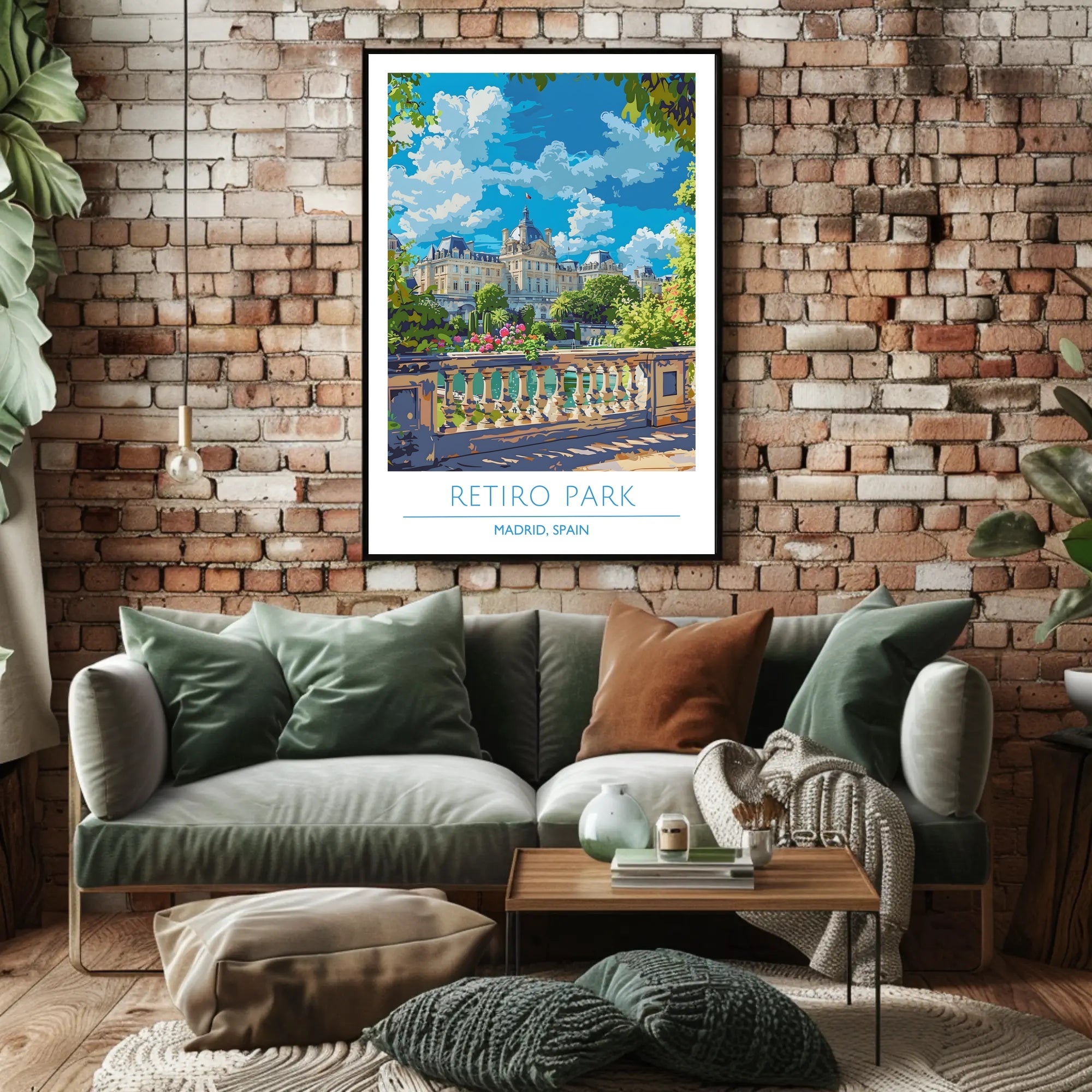 Retiro Park in Madrid vibrant travel illustration poster