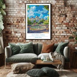 Retiro Park in Madrid vibrant travel illustration poster
