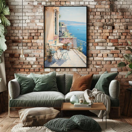 Mediterranean Balcony Scene: European Coastal Serenity Travel Poster