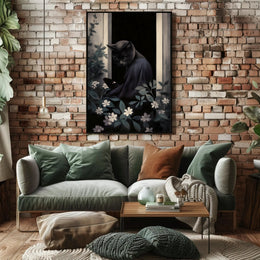 Mysterious Black Cat Window Nightscape Animal Poster PosterGoat