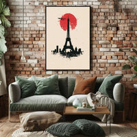 The poster features a stylized depiction of the Eiffel Tower in silhouette against Travel Poster