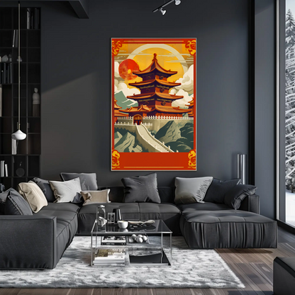 China Pagoda Sunset Clouds Fortress Peaks Travel Poster