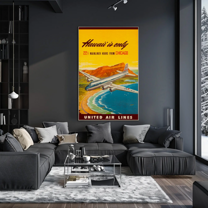 Hawaii United Chicago Flight Scenic Travel Poster