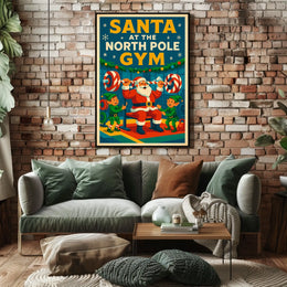 Santa Claus Lifting Weights Vintage Christmas Pop Culture Poster