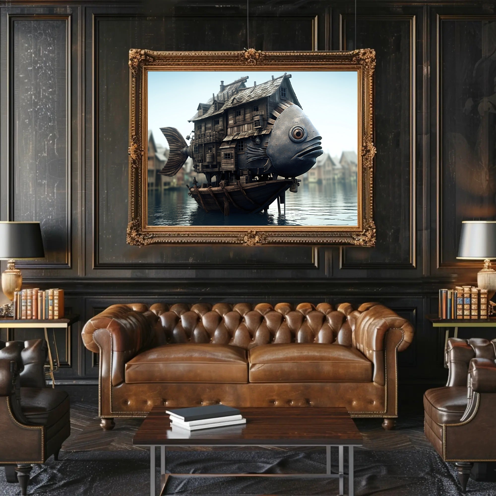 Whimsical Houseboat Scene on Fantasy Poster