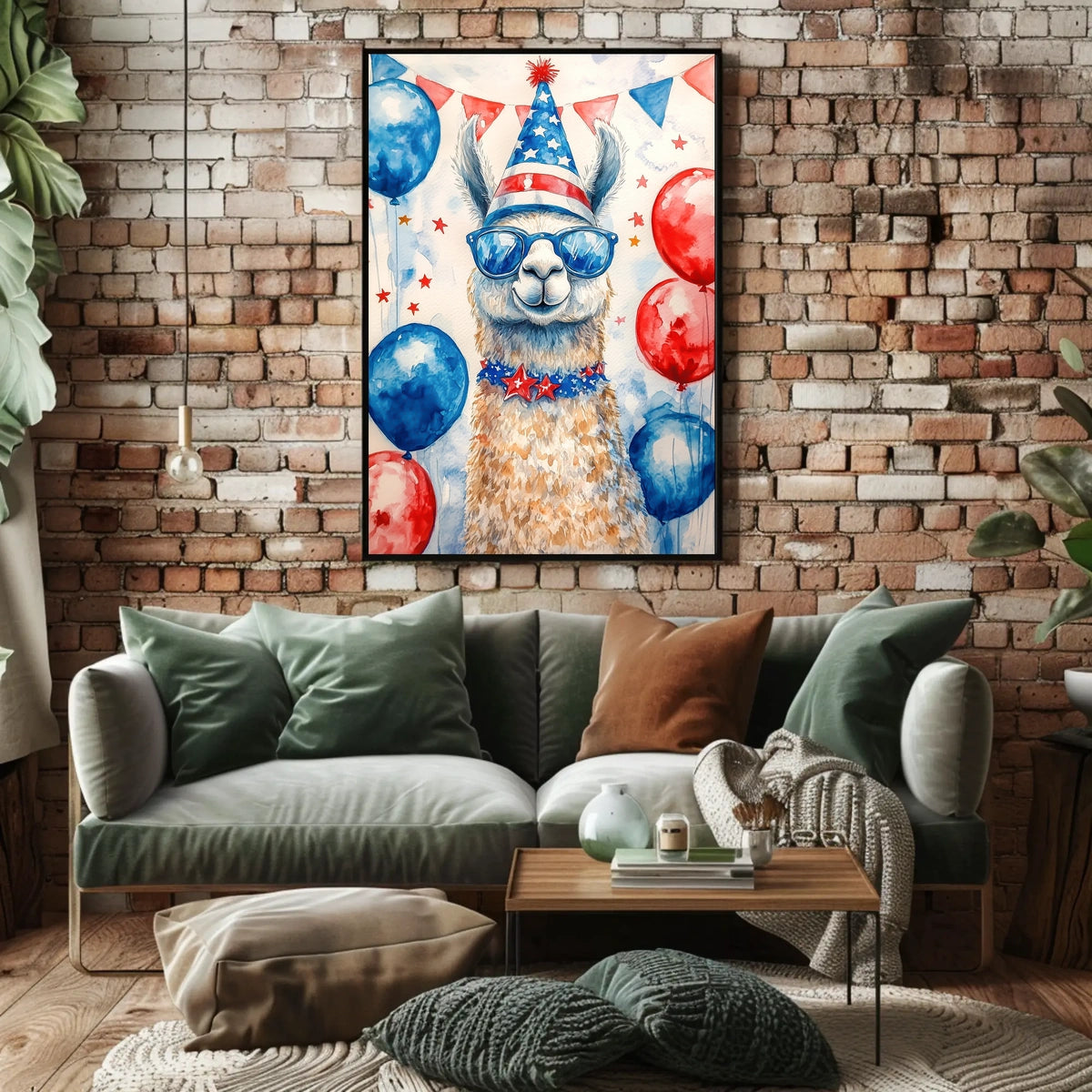 Playful watercolor of a llama wearing a stars and stripes hat and sunglasses standing in front of bunting and balloons in red white and blue Poster