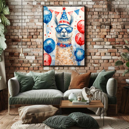 Playful watercolor of a llama wearing a stars and stripes hat and sunglasses standing in front of bunting and balloons in red white and blue Poster
