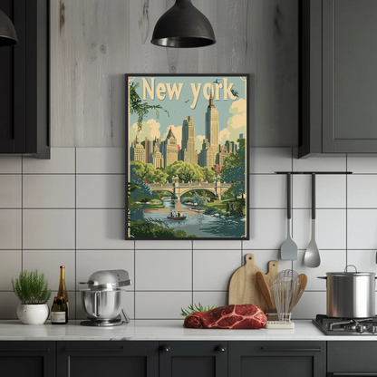 New York Central Park Bridge Skyline Vintage Travel Poster