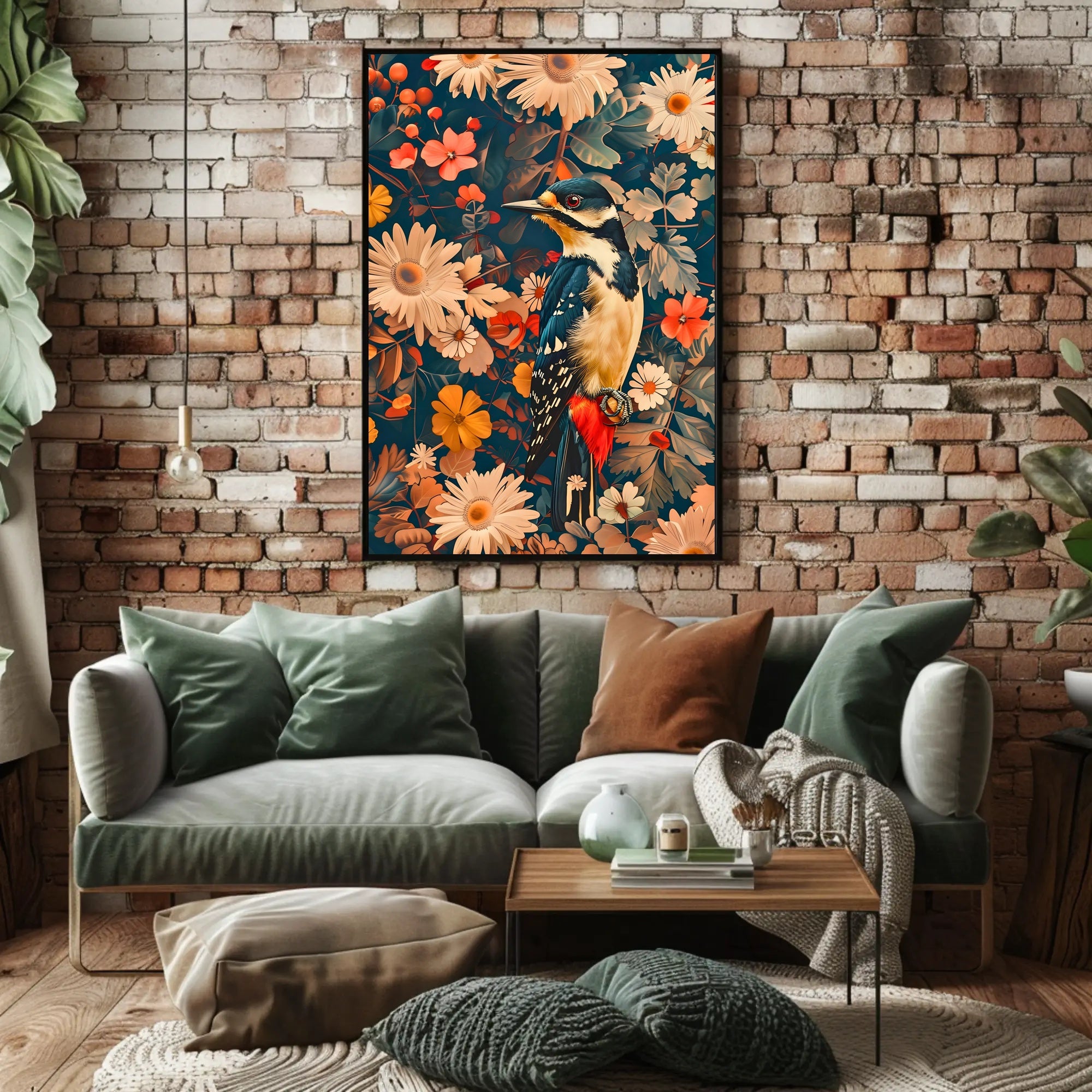 Vibrant Woodpecker Floral Paradise Poster