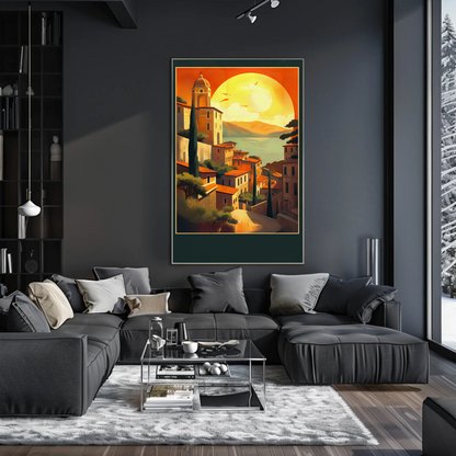 Sunset Over Mediterranean Village Coastline Travel Poster