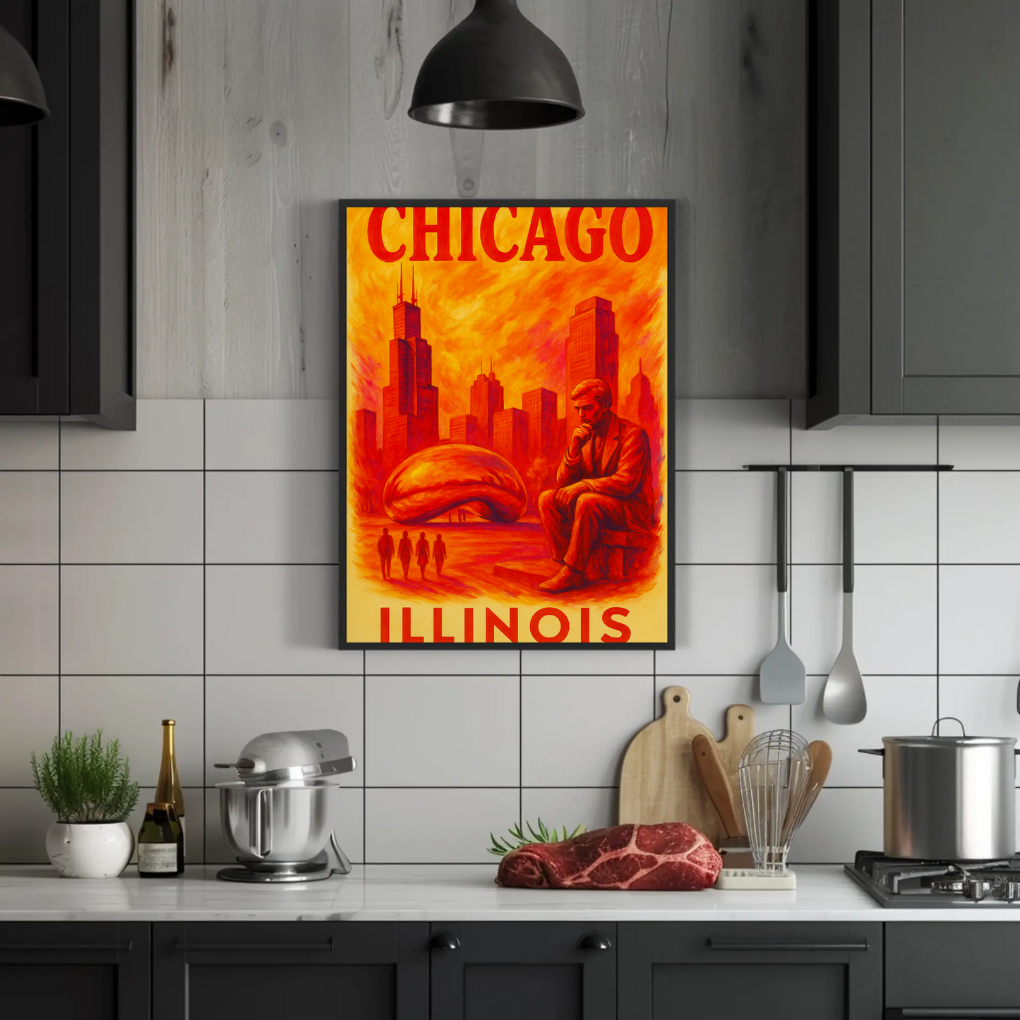 Chicago Skyline Bean Statue Modern Red Vintage Travel Poster Wall Art