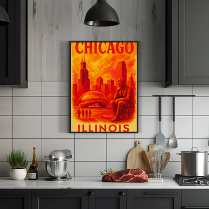 Chicago Skyline Bean Statue Modern Red Vintage Travel Poster Wall Art