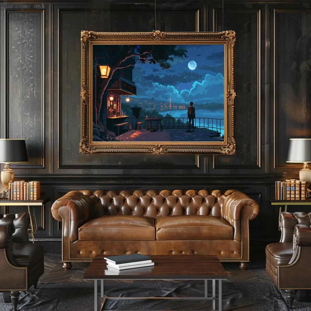Moonlit Terrace: Pixel Art Nightscape Poster