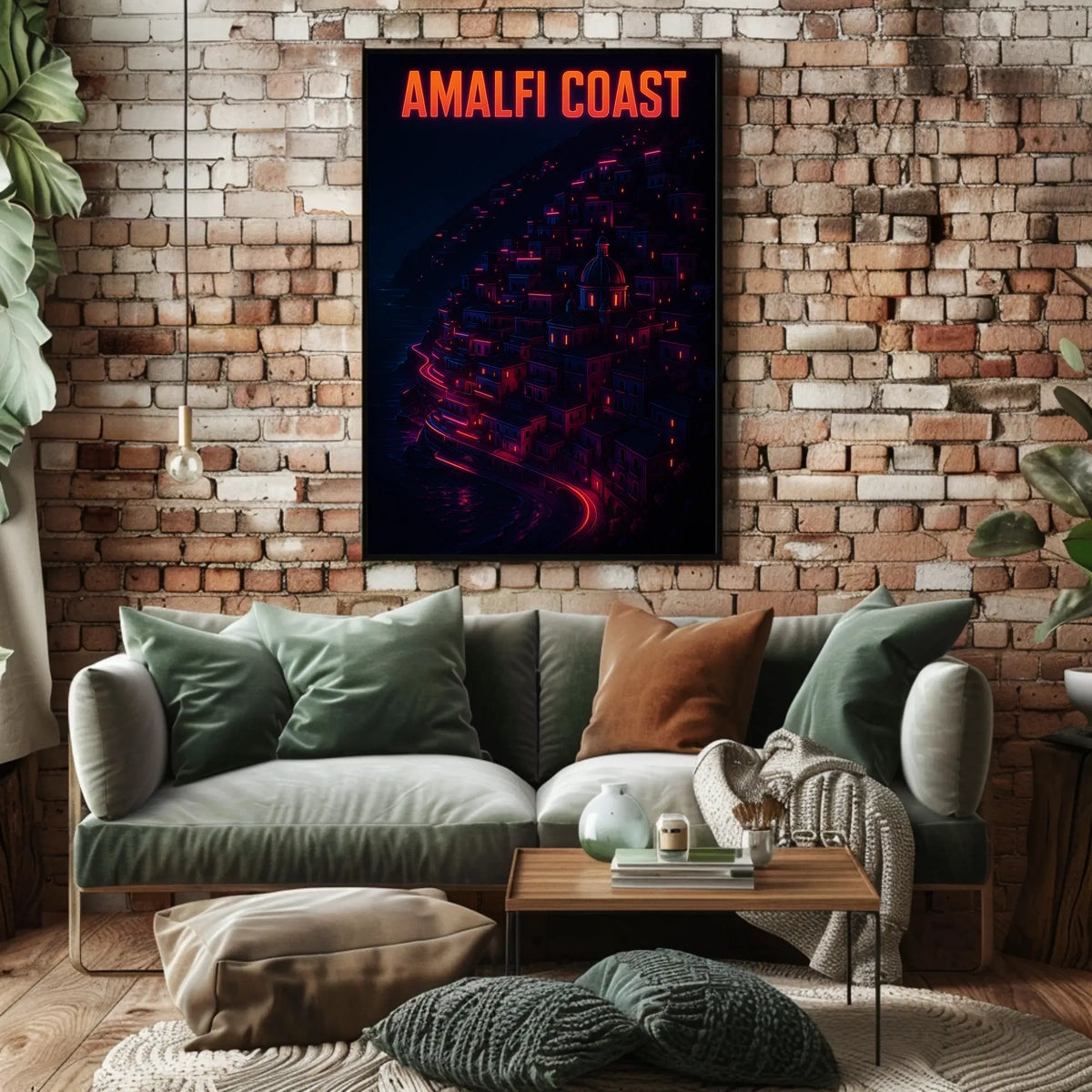 Amalfi Coast Neon Nightscape Poster Wall Art Decor Print
